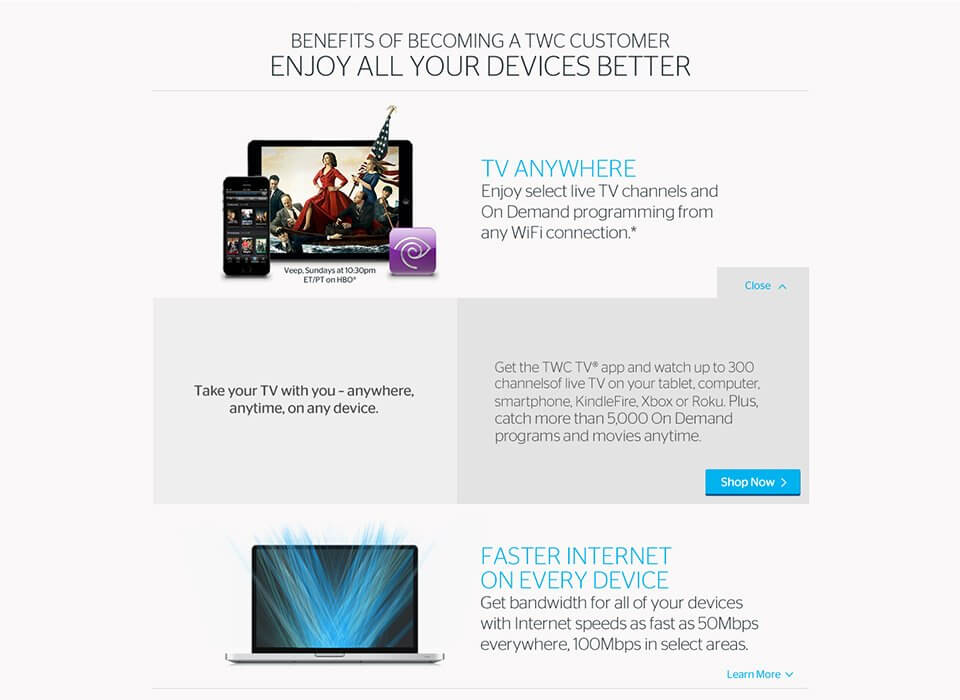 Time Warner Cable Benefits landing page copywriting promoting TV and Internet.