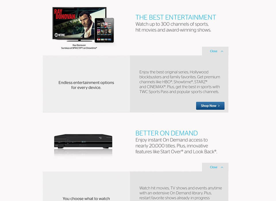 Time Warner Cable Benefits landing page copywriting promoting entertainment options.