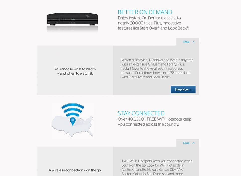 Time Warner Cable Benefits landing page copywriting promoting On Demand and WiFi Hotspots.