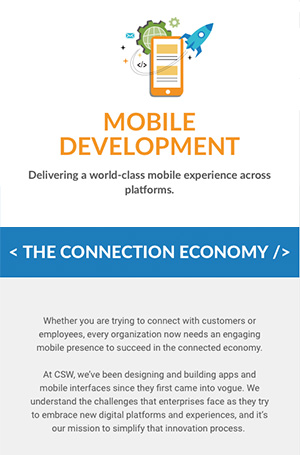 Website copywriting for the CSW Solution’s Mobile Development page.